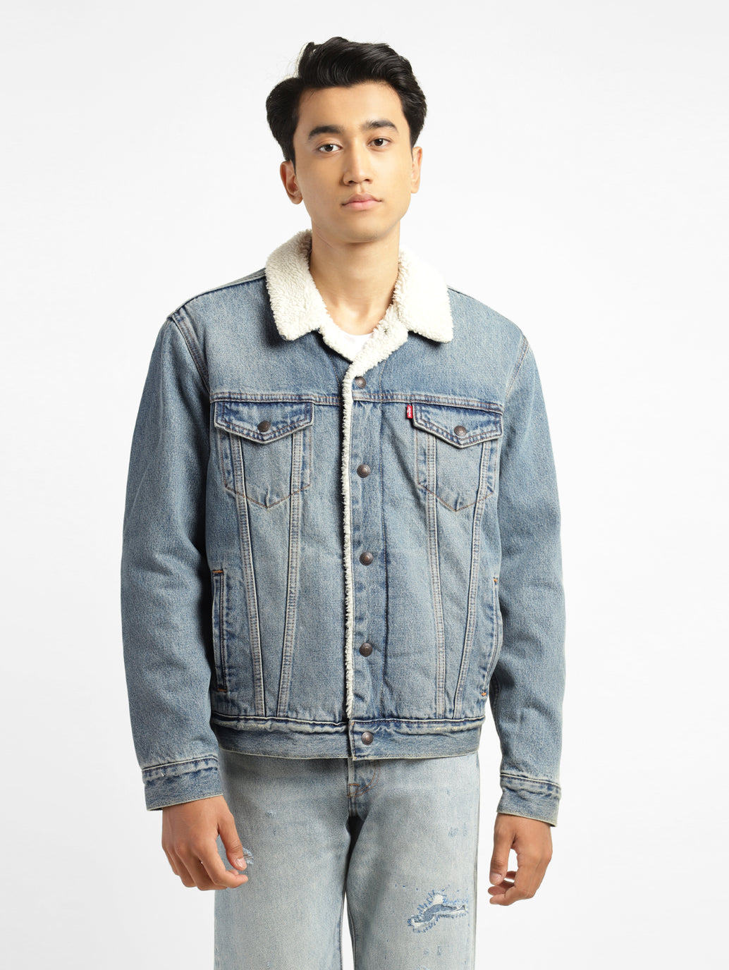 Men's Solid Blue Collar Neck Denim Jacket