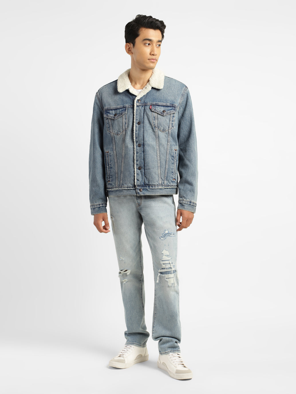 Men's Solid Blue Collar Neck Denim Jacket - 771673c3-20ef-4b32-bb32-c10584e190e5 View