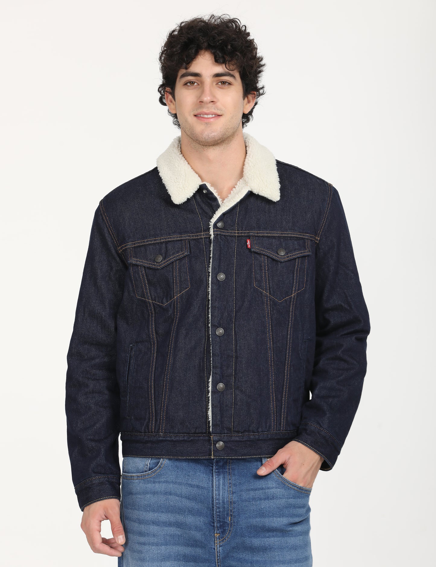 Men's Solid Navy Spread Collar Denim Jacket - Front View