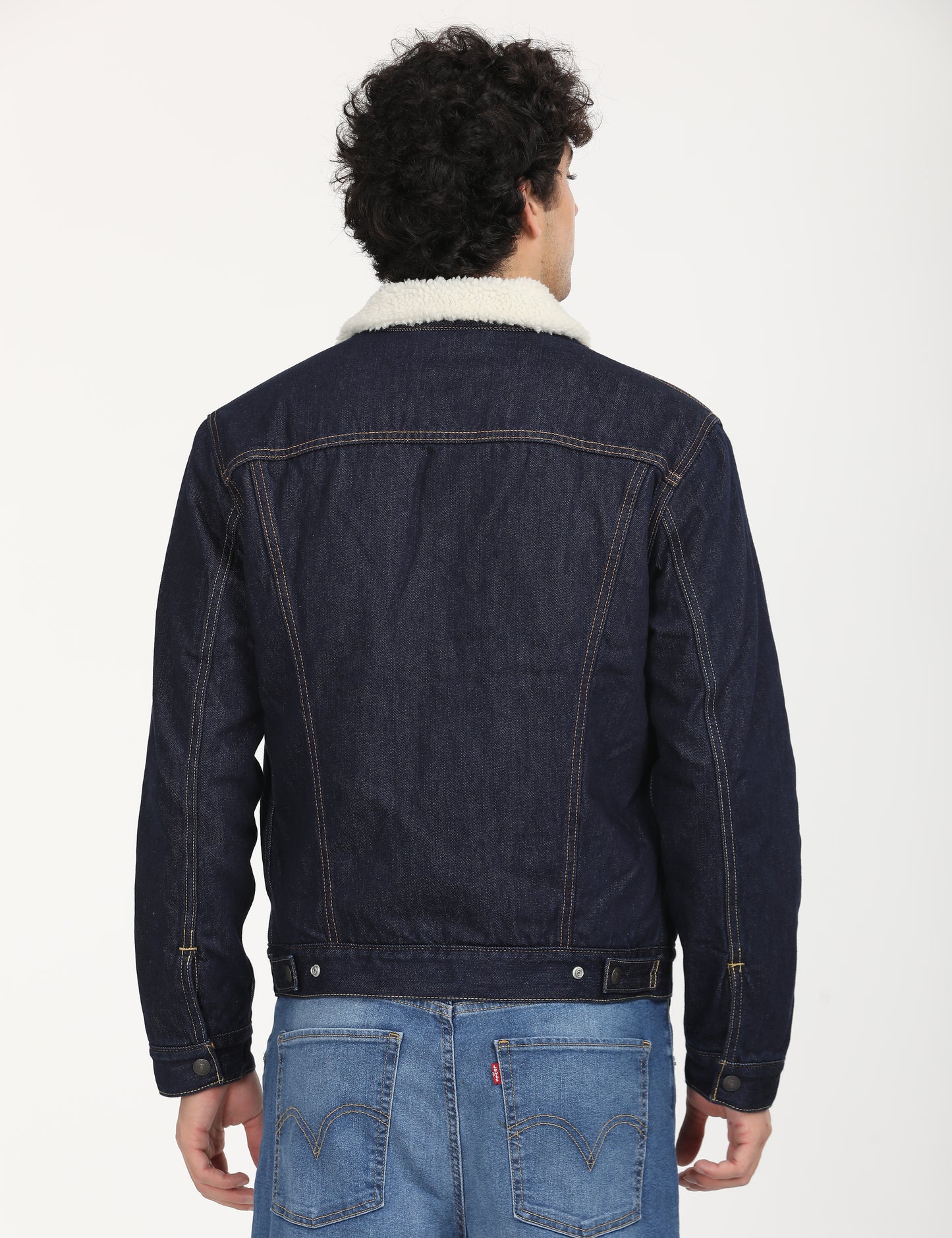 Men's Solid Navy Spread Collar Denim Jacket - Back View