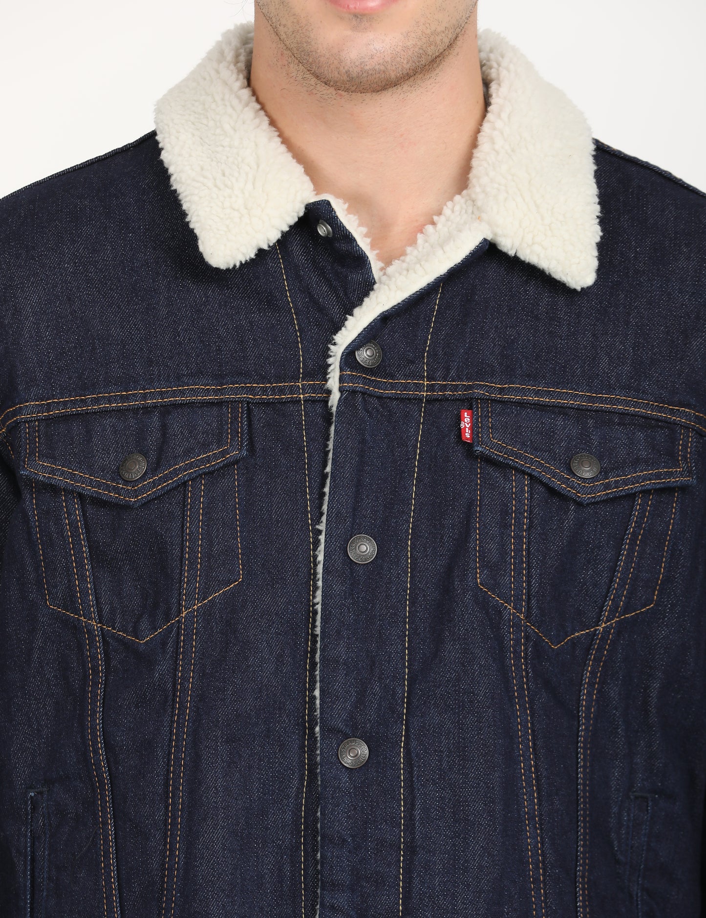 Men's Solid Navy Spread Collar Denim Jacket - deatil View