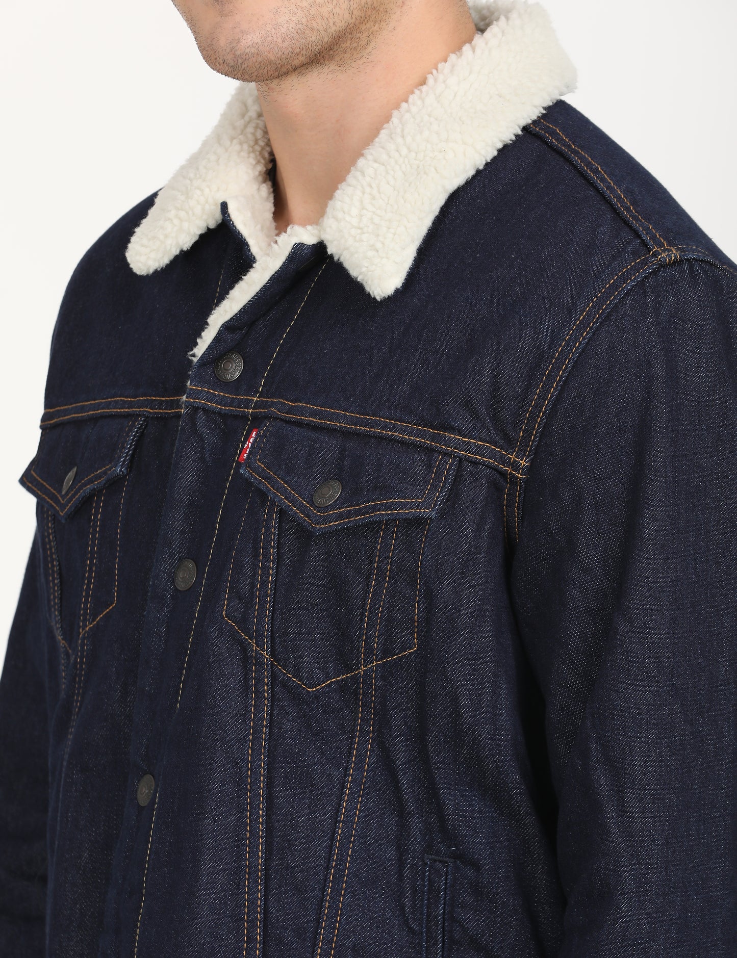 Men's Solid Navy Spread Collar Denim Jacket - deatil View