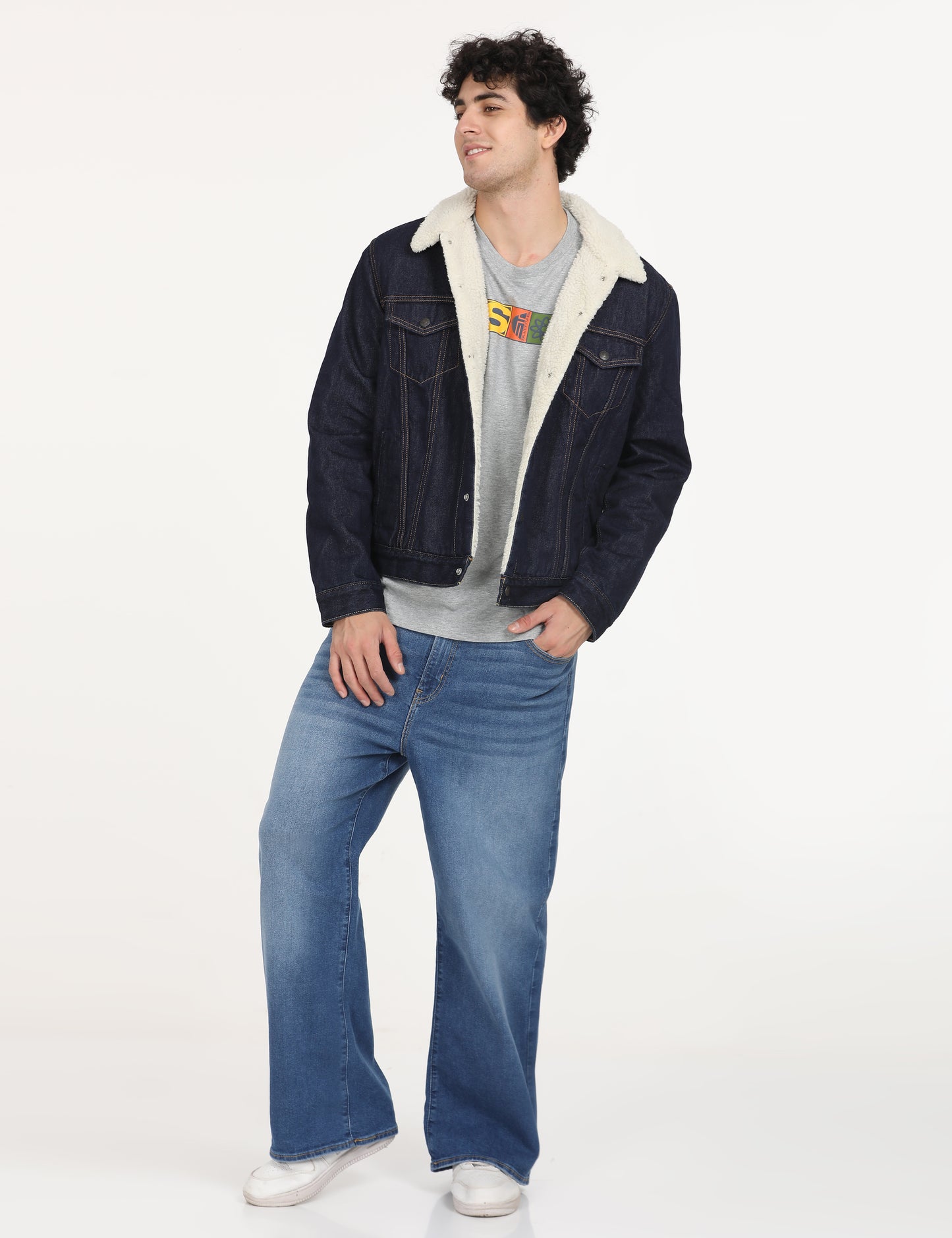 Men's Solid Navy Spread Collar Denim Jacket - lifestyle View