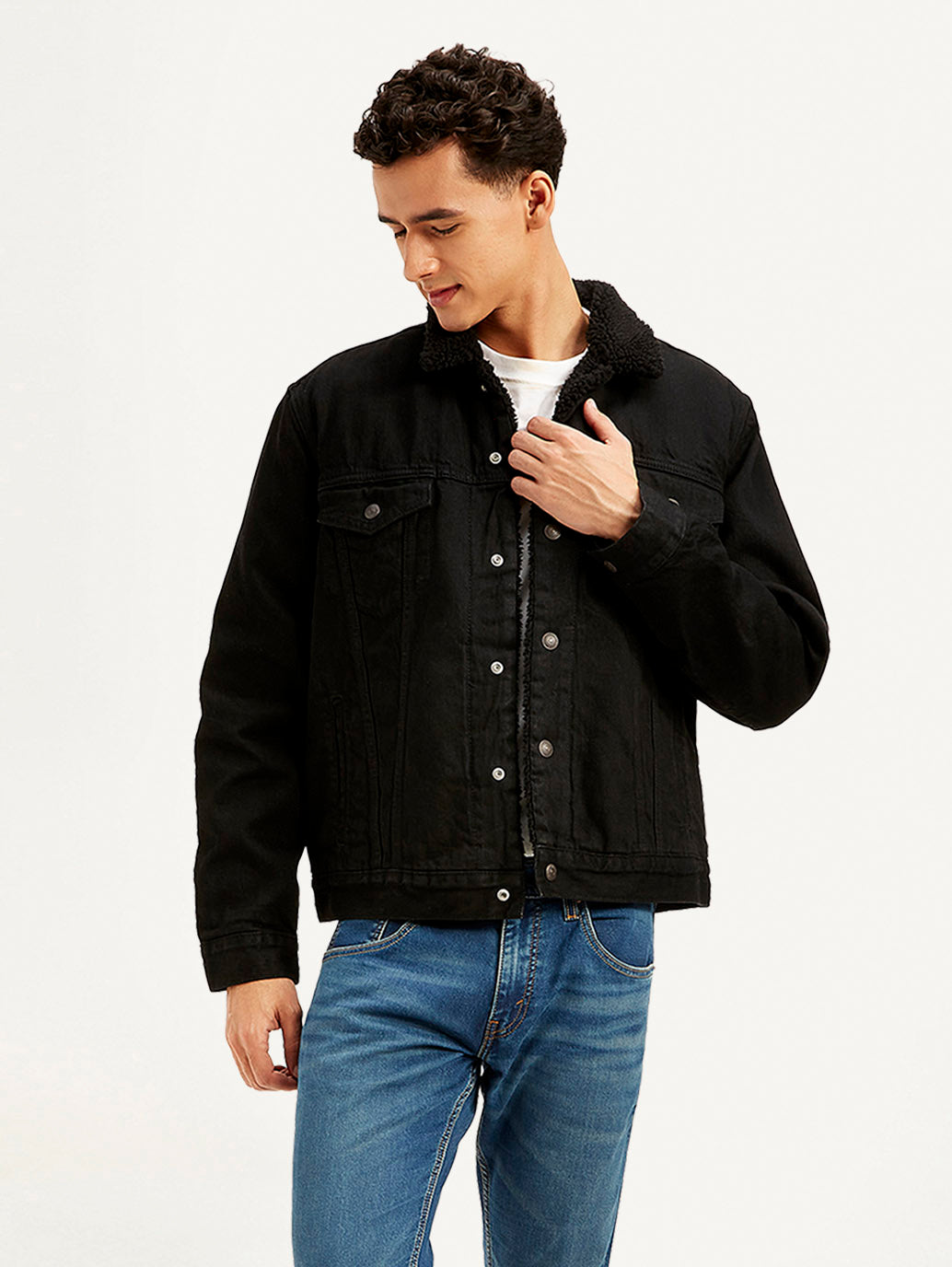 Men's Solid Black Spread Collar Denim Jacket