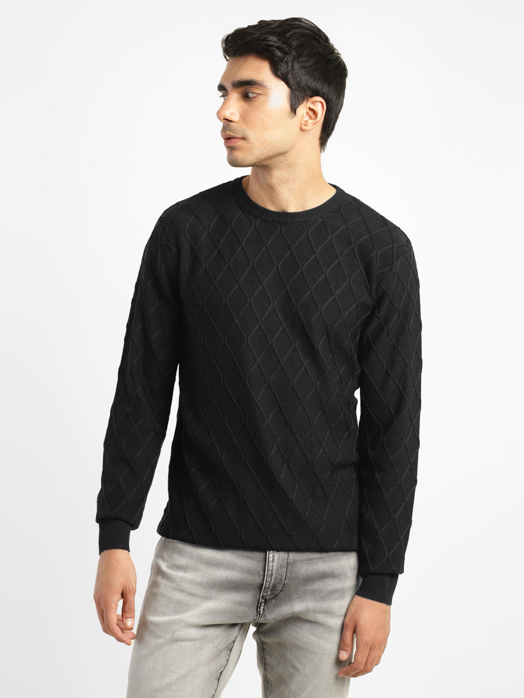 Men's Self Design Black Crew Neck Sweater