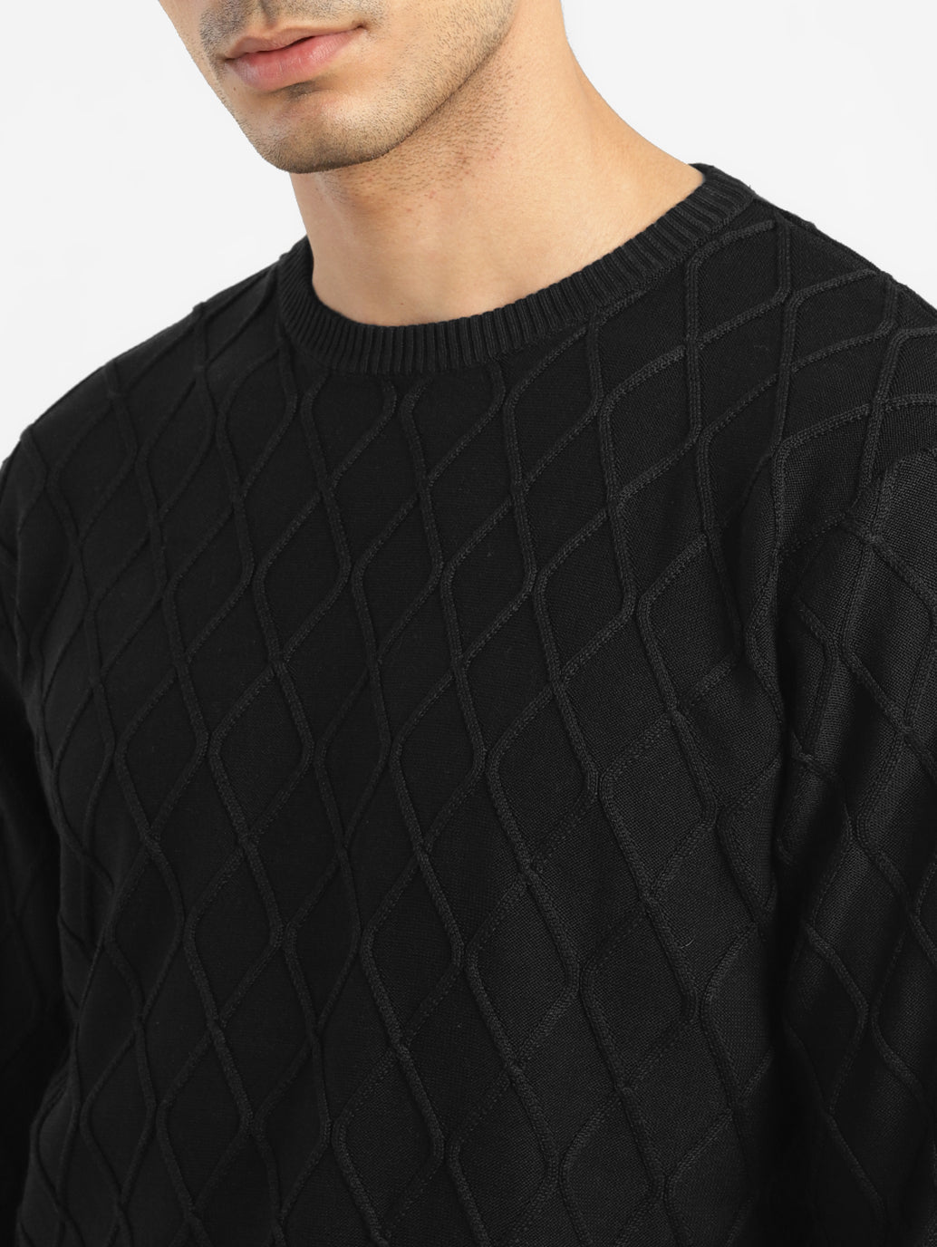 Men's Self Design Black Crew Neck Sweater