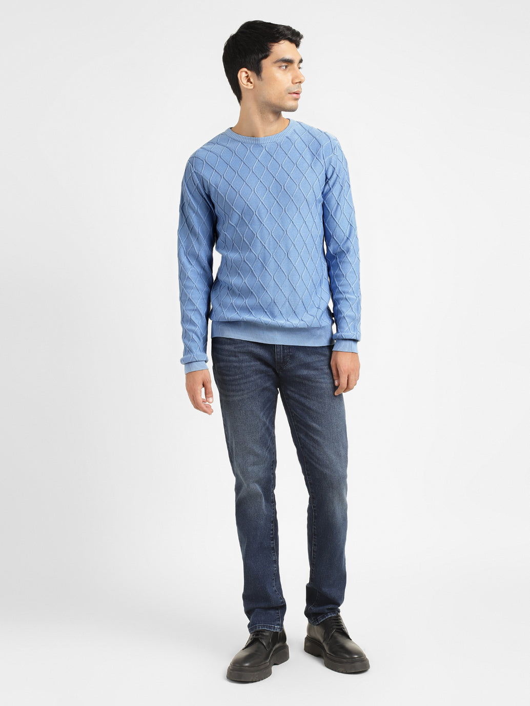 Men's Self Design Blue Crew Neck Sweater