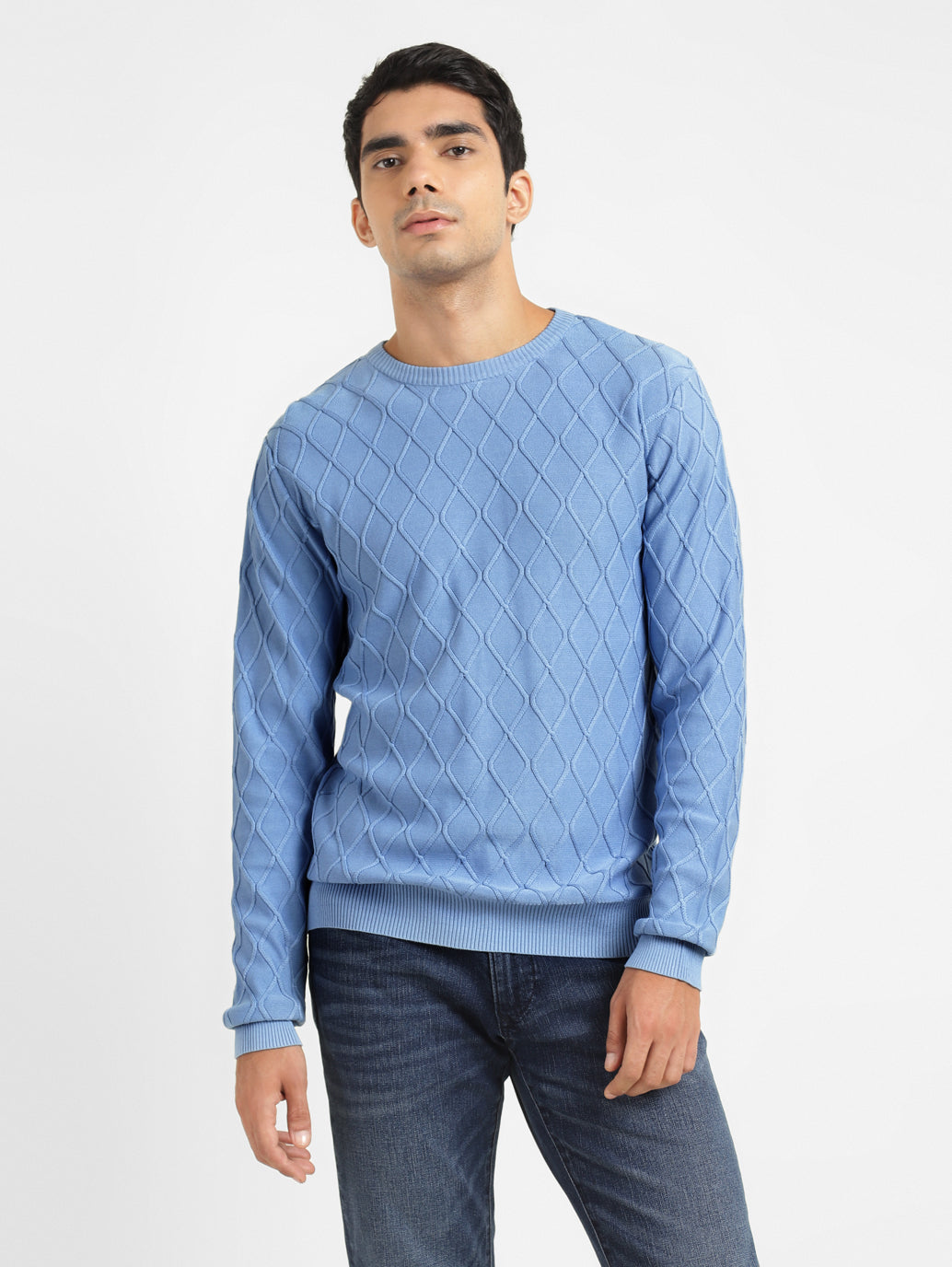 Men's Self Design Blue Crew Neck Sweater