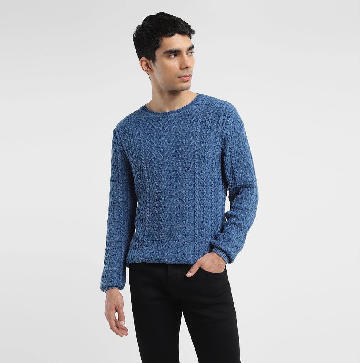 Men's Solid Blue Crew Neck Sweater
