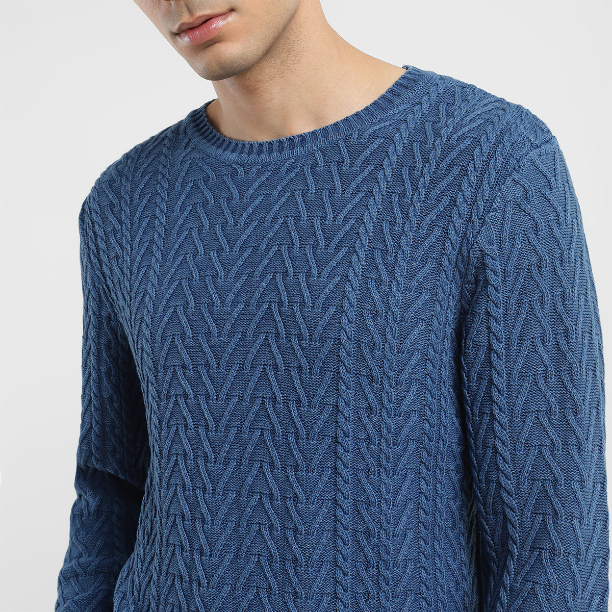 Men's Solid Blue Crew Neck Sweater - Frontdetails View