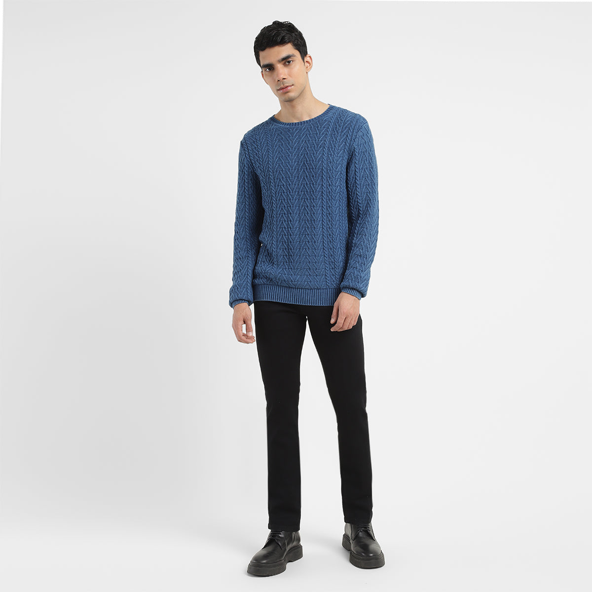 Men's Solid Blue Crew Neck Sweater - ModelFront View