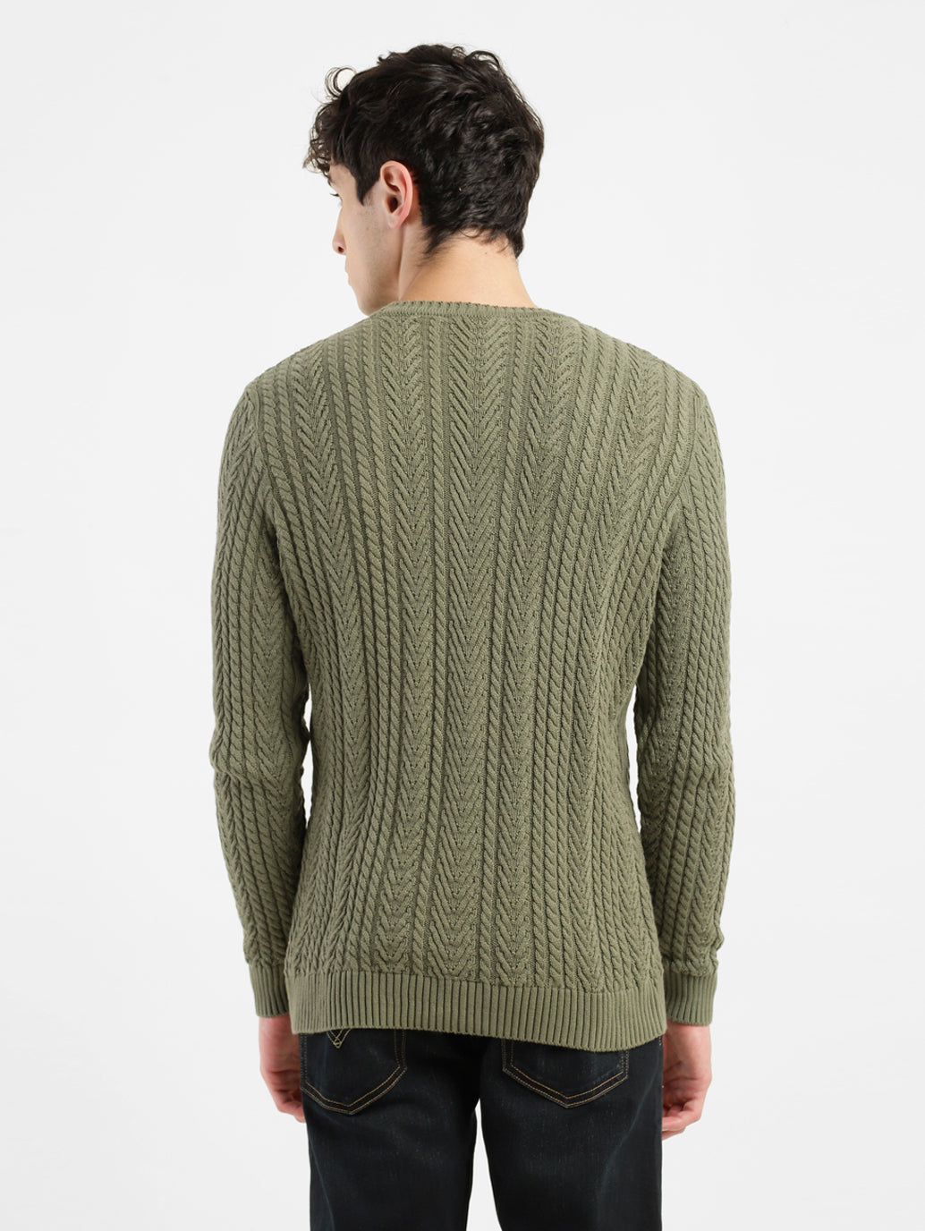 Men's Self Design Olive Crew Neck Sweater