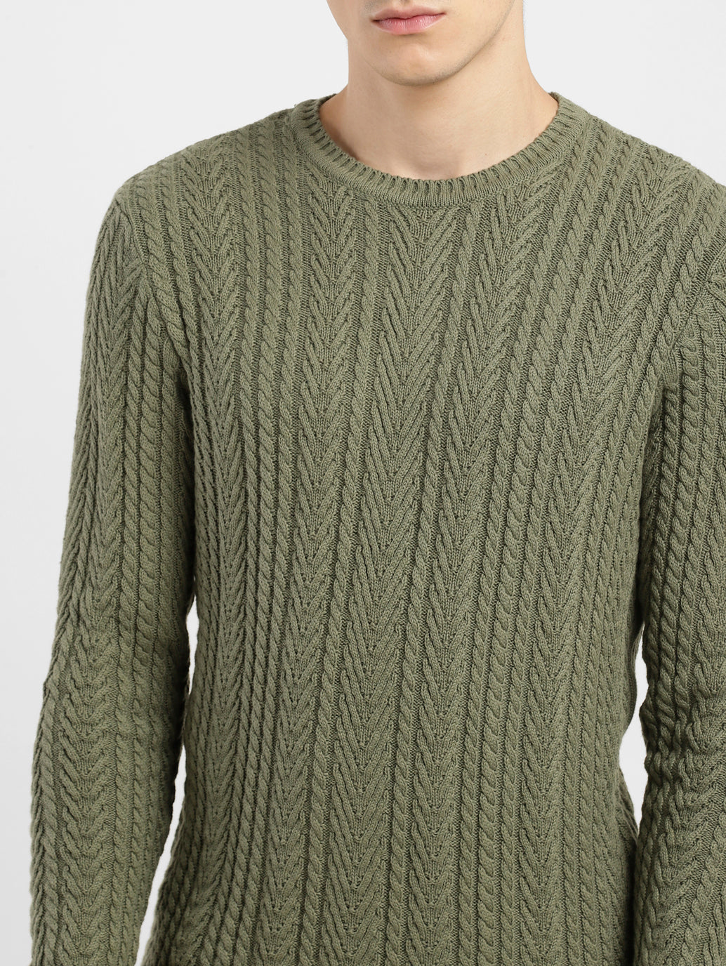 Men's Self Design Olive Crew Neck Sweater