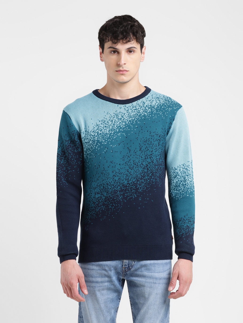 Crew Neck Jumper Gradient Sweater Mens Men's Ombre Blue Crew Neck