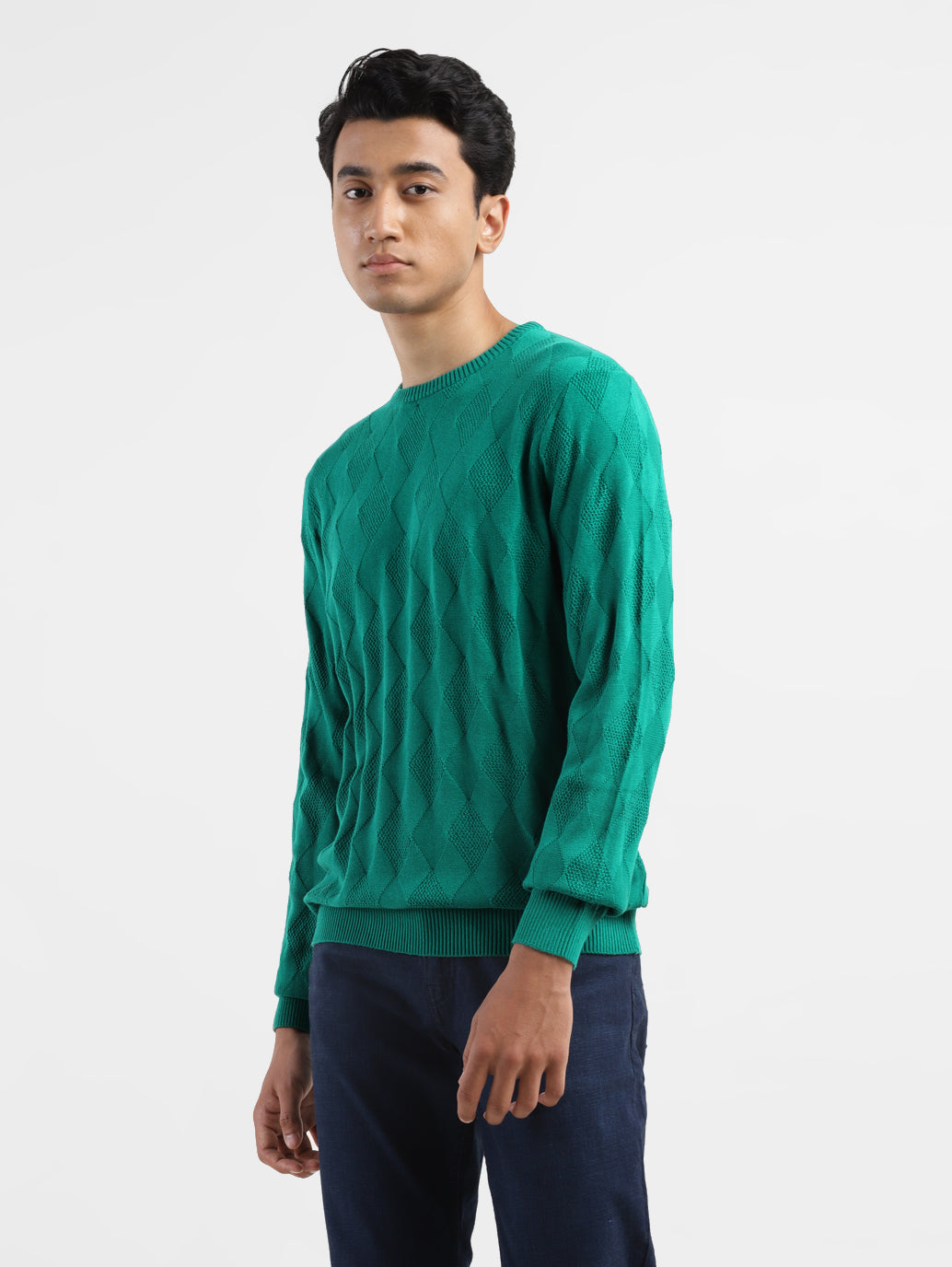 Men's Self Design Green Crew Neck Sweater