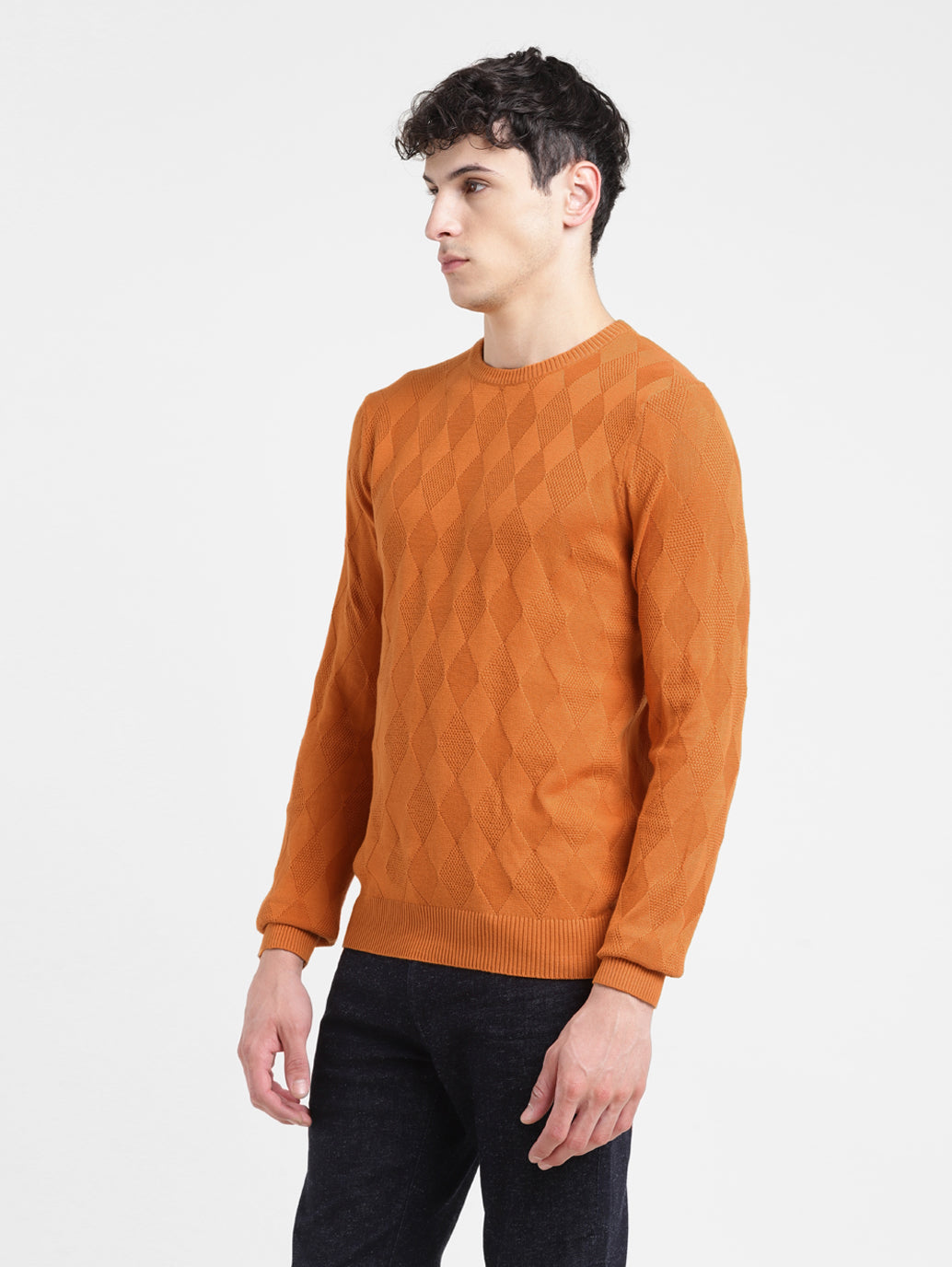 Men's Self Design Orange Crew Neck Sweater