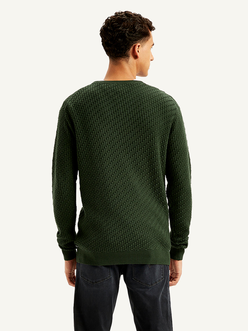 Men's Textured Olive Crew Neck Sweater