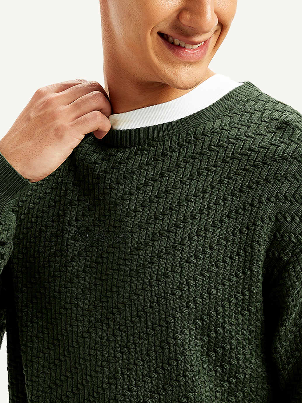 Men's Textured Olive Crew Neck Sweater