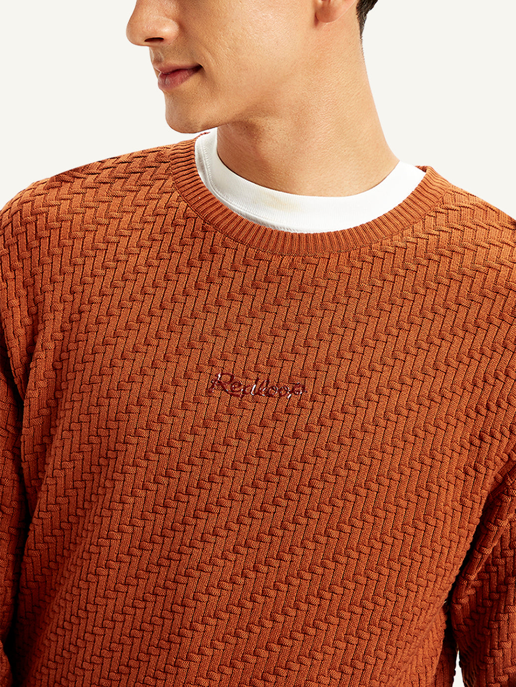 Men's Textured Rust Crew Neck Sweater