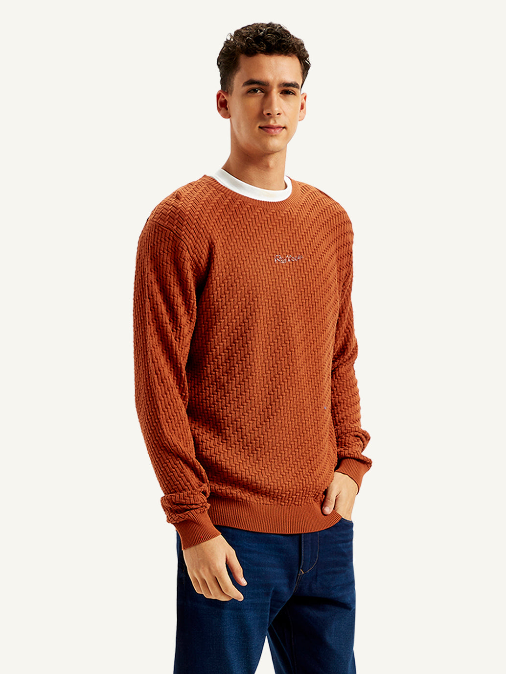 Men's Textured Rust Crew Neck Sweater