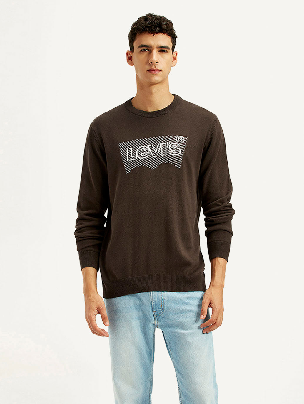 Men's Graphic Print Brown Round Neck Sweatshirt - Front View
