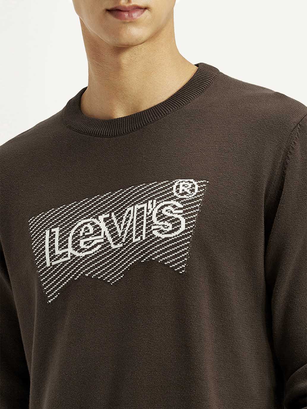 Men's Graphic Print Brown Round Neck Sweatshirt - Detail View