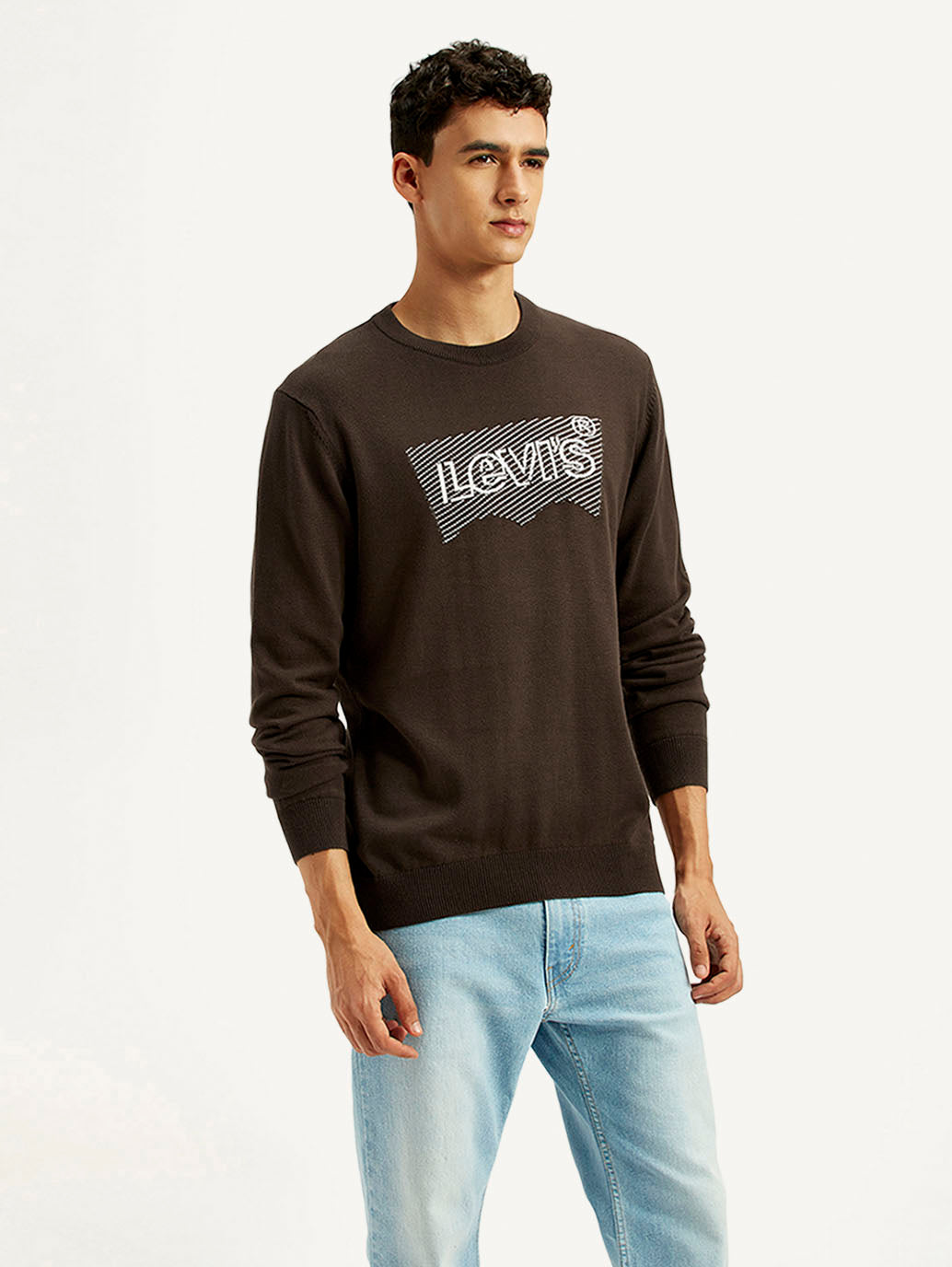 Men's Graphic Print Brown Round Neck Sweatshirt - Side View