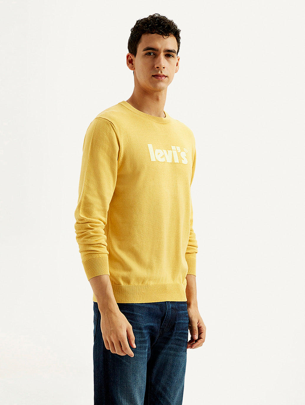 Men's Brand Logo Yellow Crew Neck Sweater - Side View