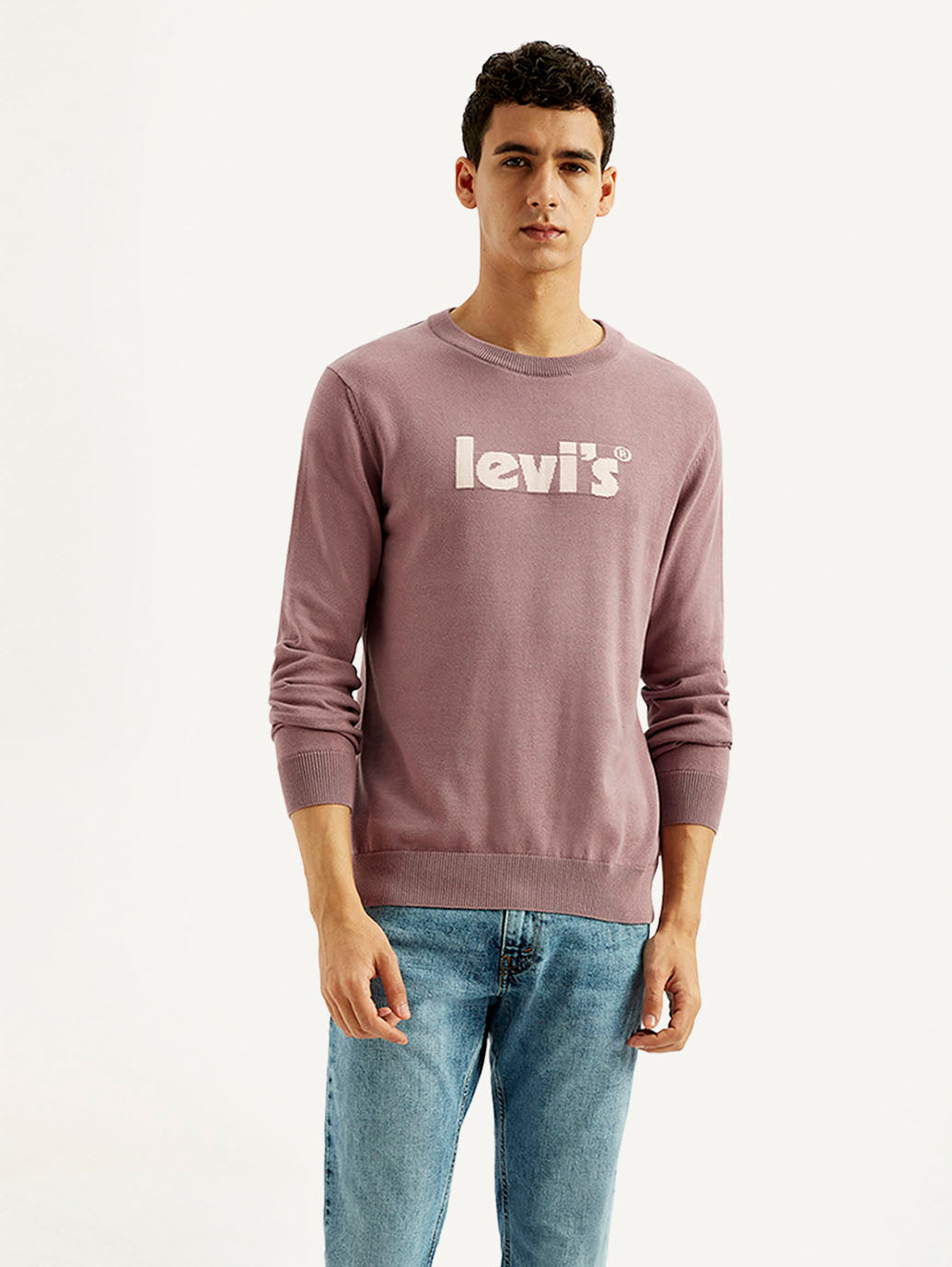 Men's Brand Logo Mauve Crew Neck Sweater - Front View