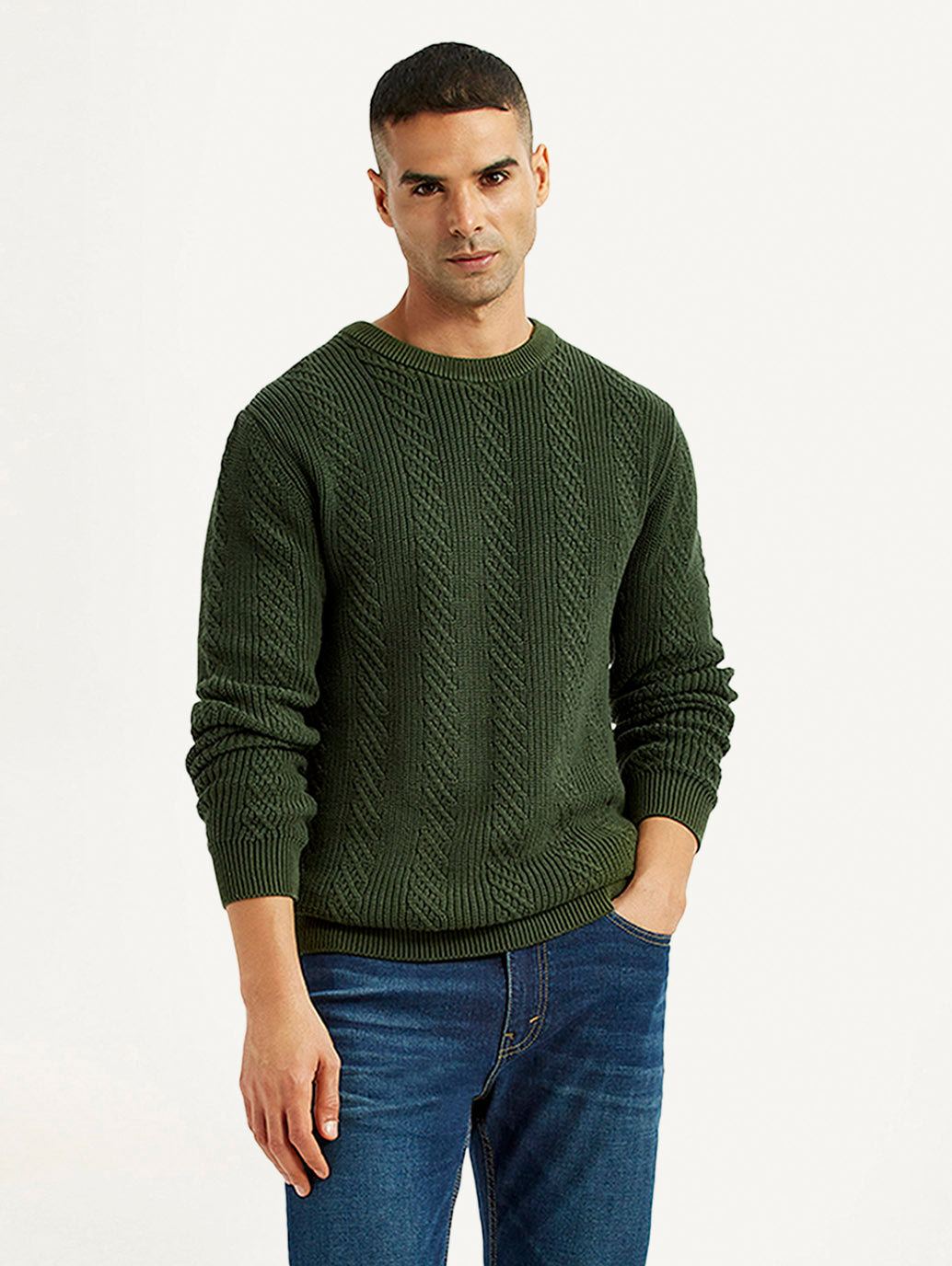 Men's Jacquard Dark Green Crew Neck Sweater - Styleshot View