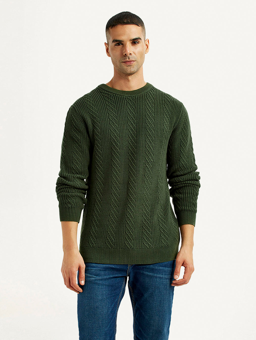 Men's Jacquard Dark Green Crew Neck Sweater - Front View