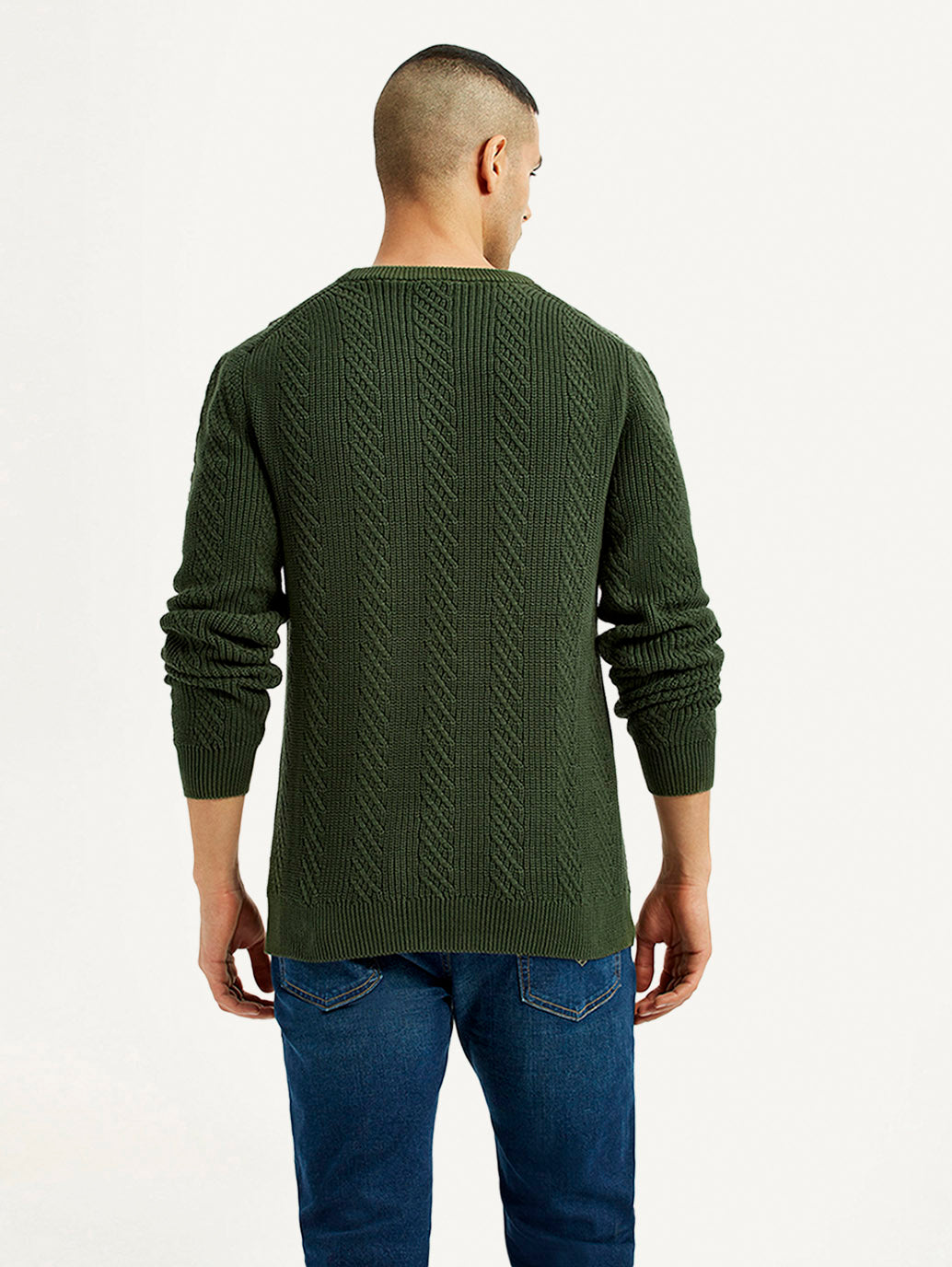 Men's Jacquard Dark Green Crew Neck Sweater - Back View
