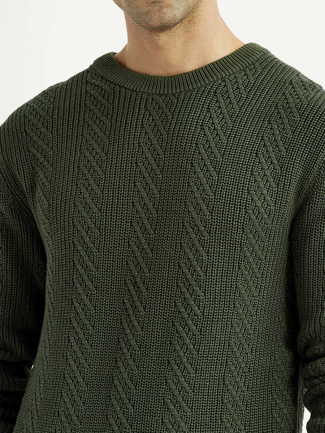 Men's Jacquard Dark Green Crew Neck Sweater - Detail View