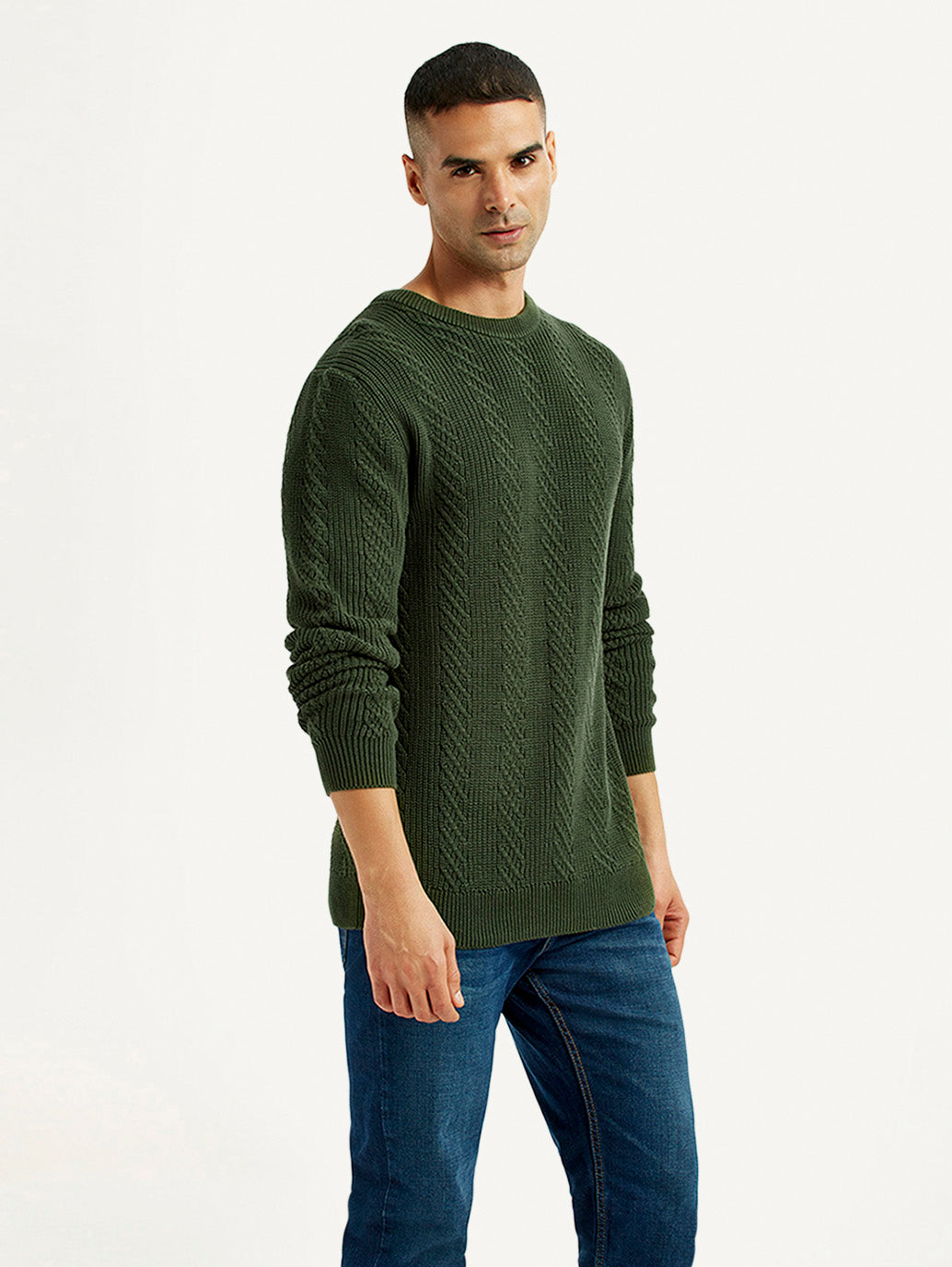 Men's Jacquard Dark Green Crew Neck Sweater - Side View