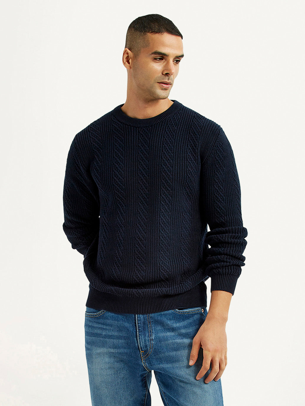 Men's Jacquard Navy Crew Neck Sweater - Styleshot View