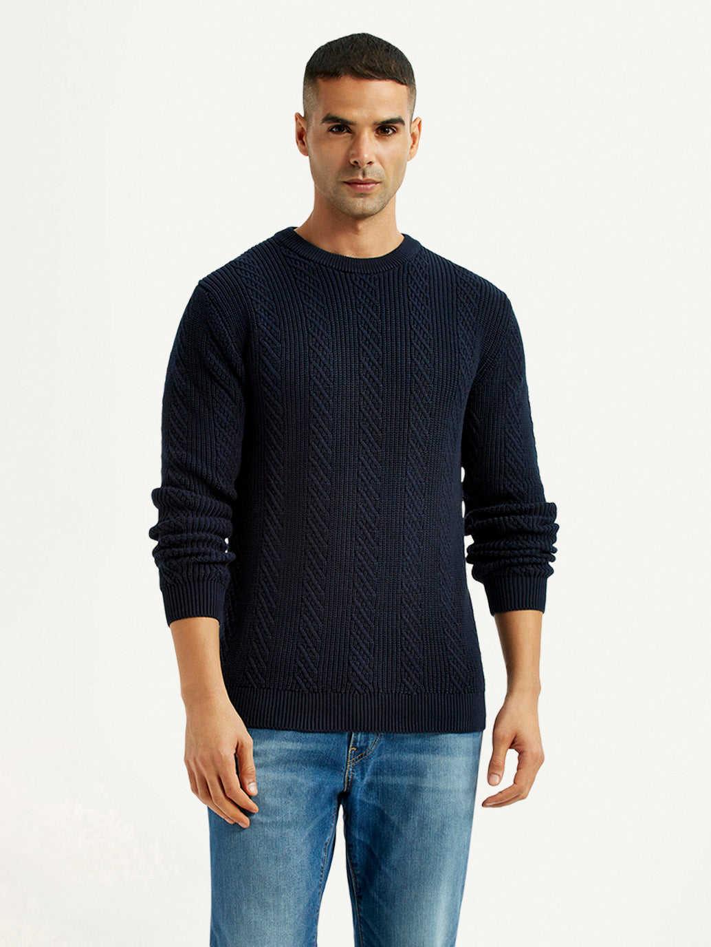 Men's Jacquard Navy Crew Neck Sweater - Front View