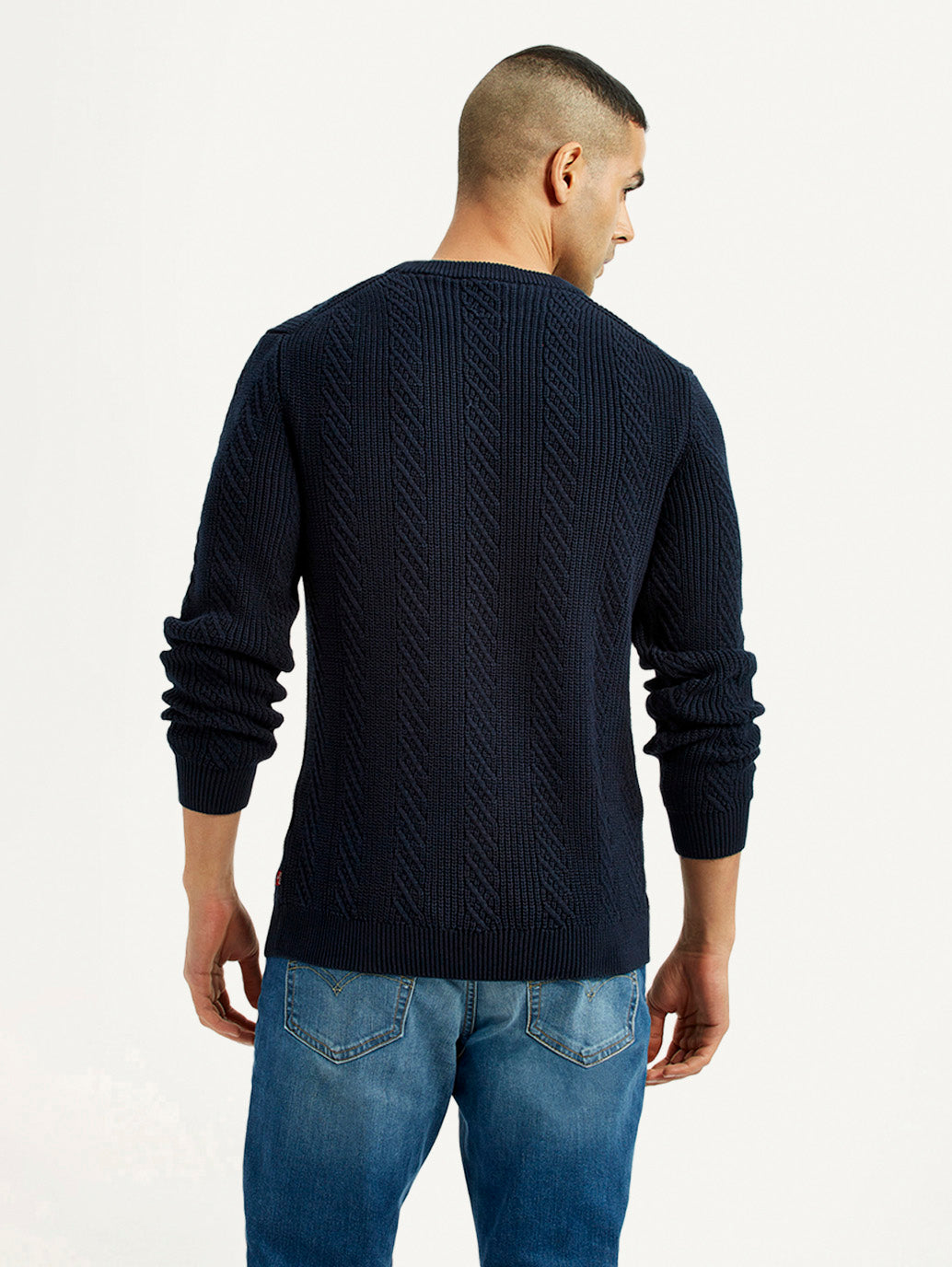Men's Jacquard Navy Crew Neck Sweater - Back View