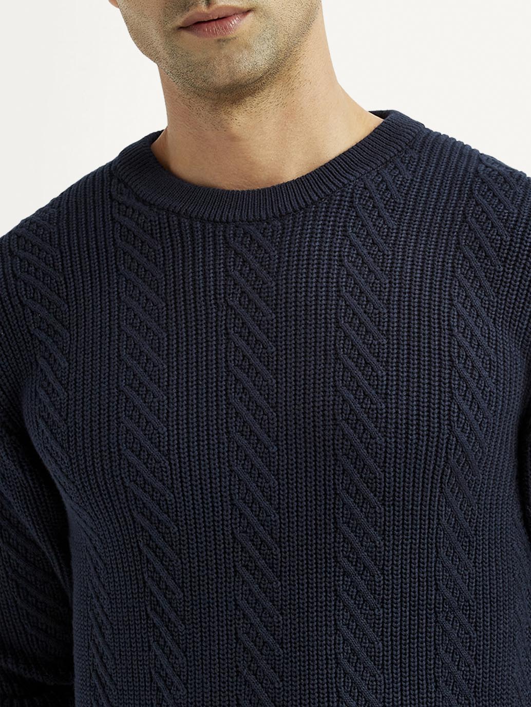 Men's Jacquard Navy Crew Neck Sweater - Detail View