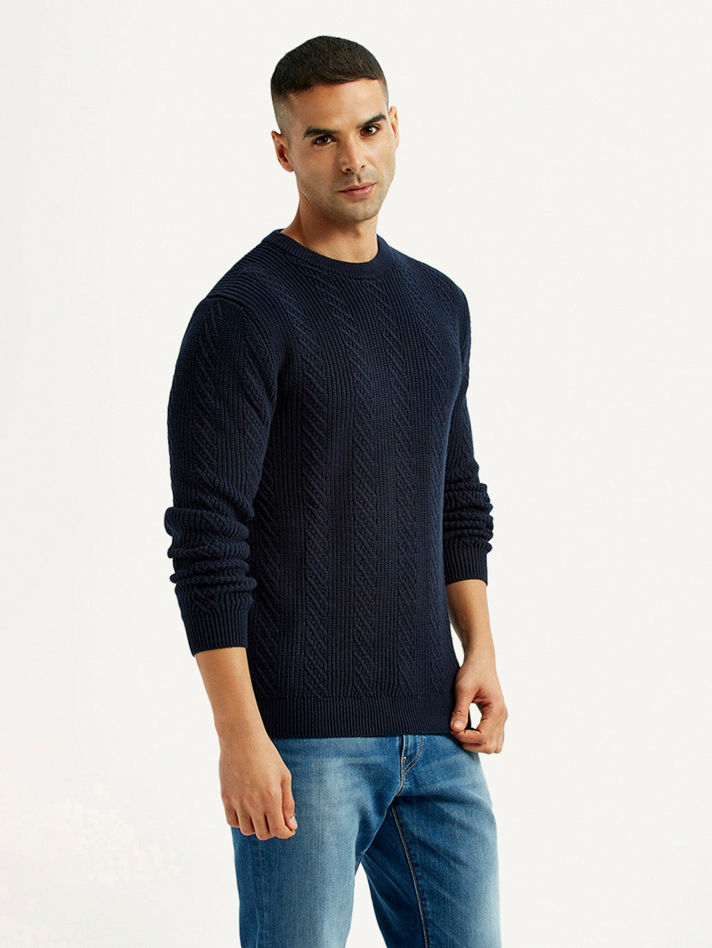 Men's Jacquard Navy Crew Neck Sweater - Side View