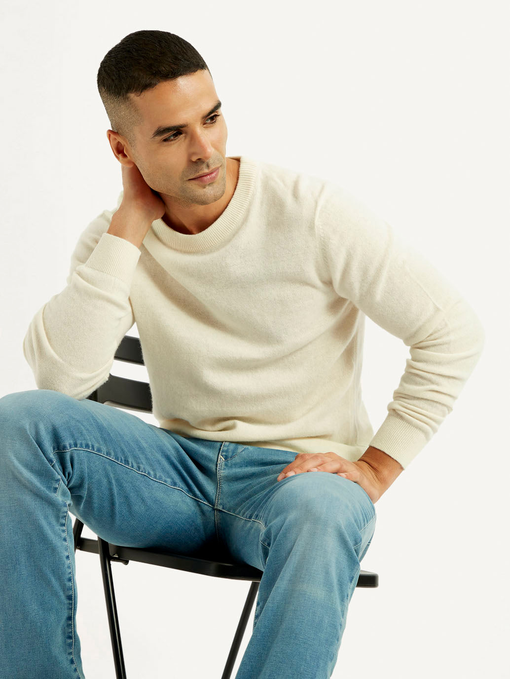 Men's Solid Cream Crew Neck Sweater