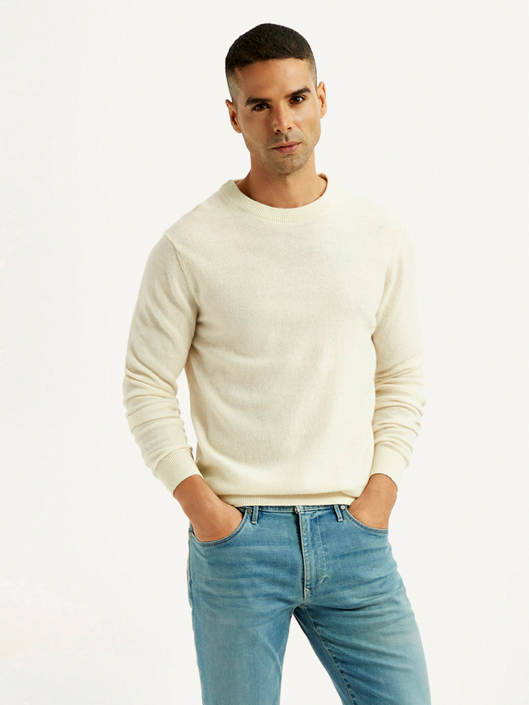 Men's Solid Cream Crew Neck Sweater - Styleshot View