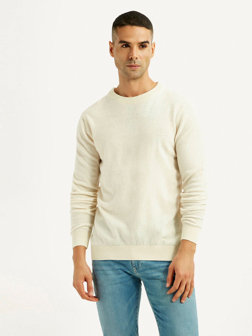 Men's Solid Cream Crew Neck Sweater - Front View