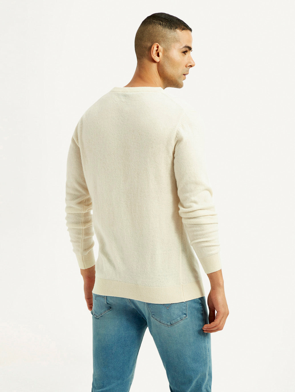 Men's Solid Cream Crew Neck Sweater - Back View