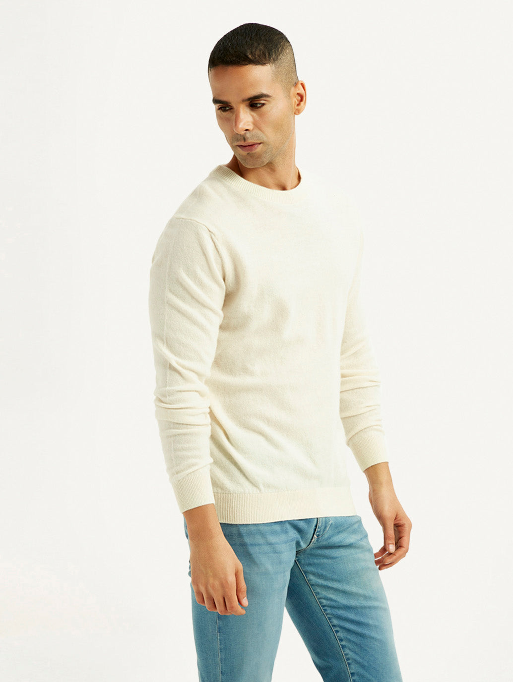 Men's Solid Cream Crew Neck Sweater - Side View