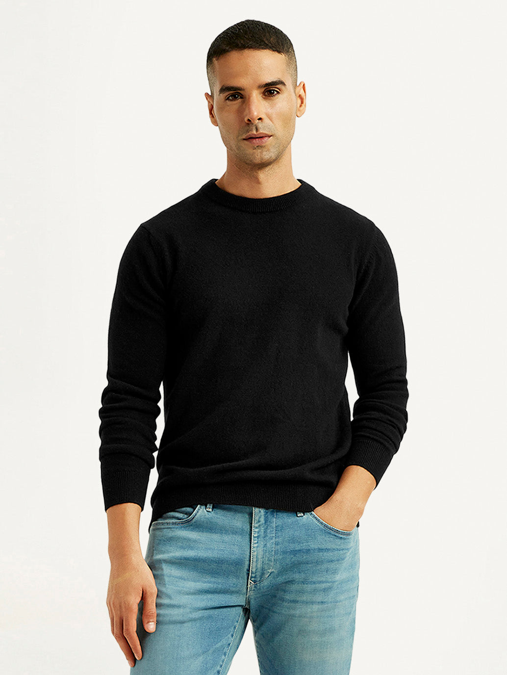 Men's Solid Black Crew Neck Sweater - Styleshot View