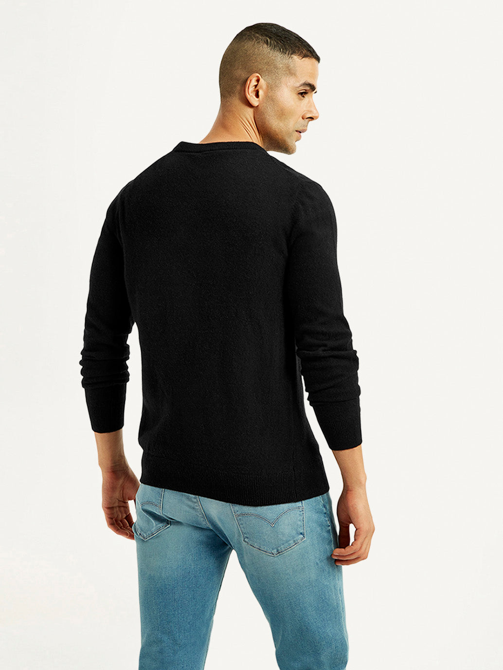 Men's Solid Black Crew Neck Sweater - Back View
