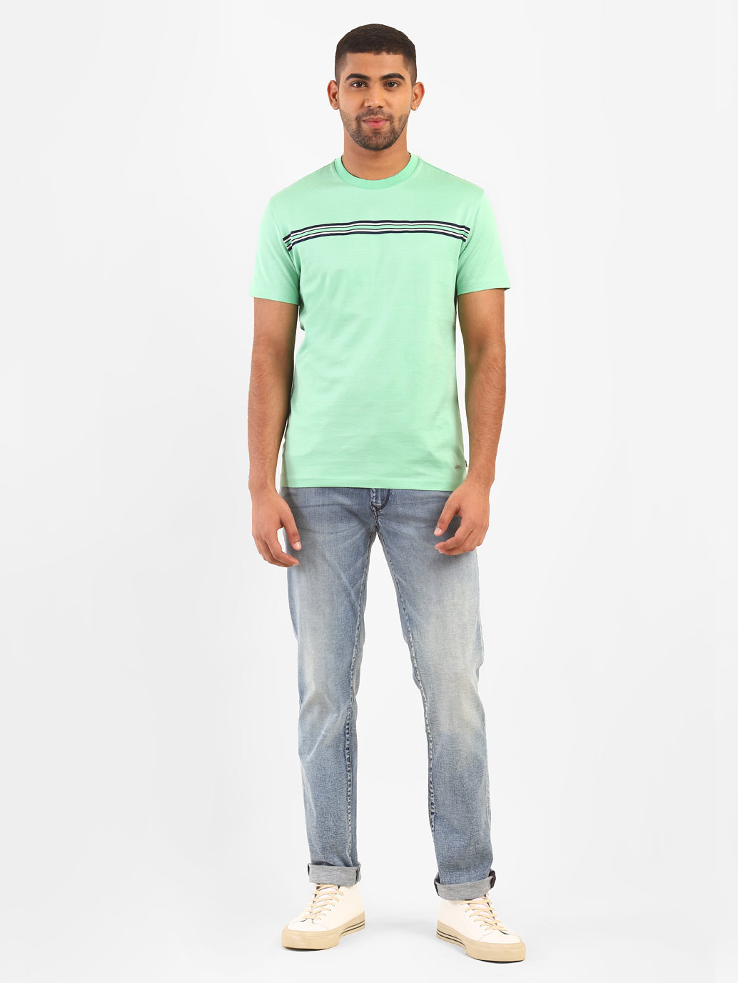 Men's Mint Green Self Design Crew Neck T-shirt