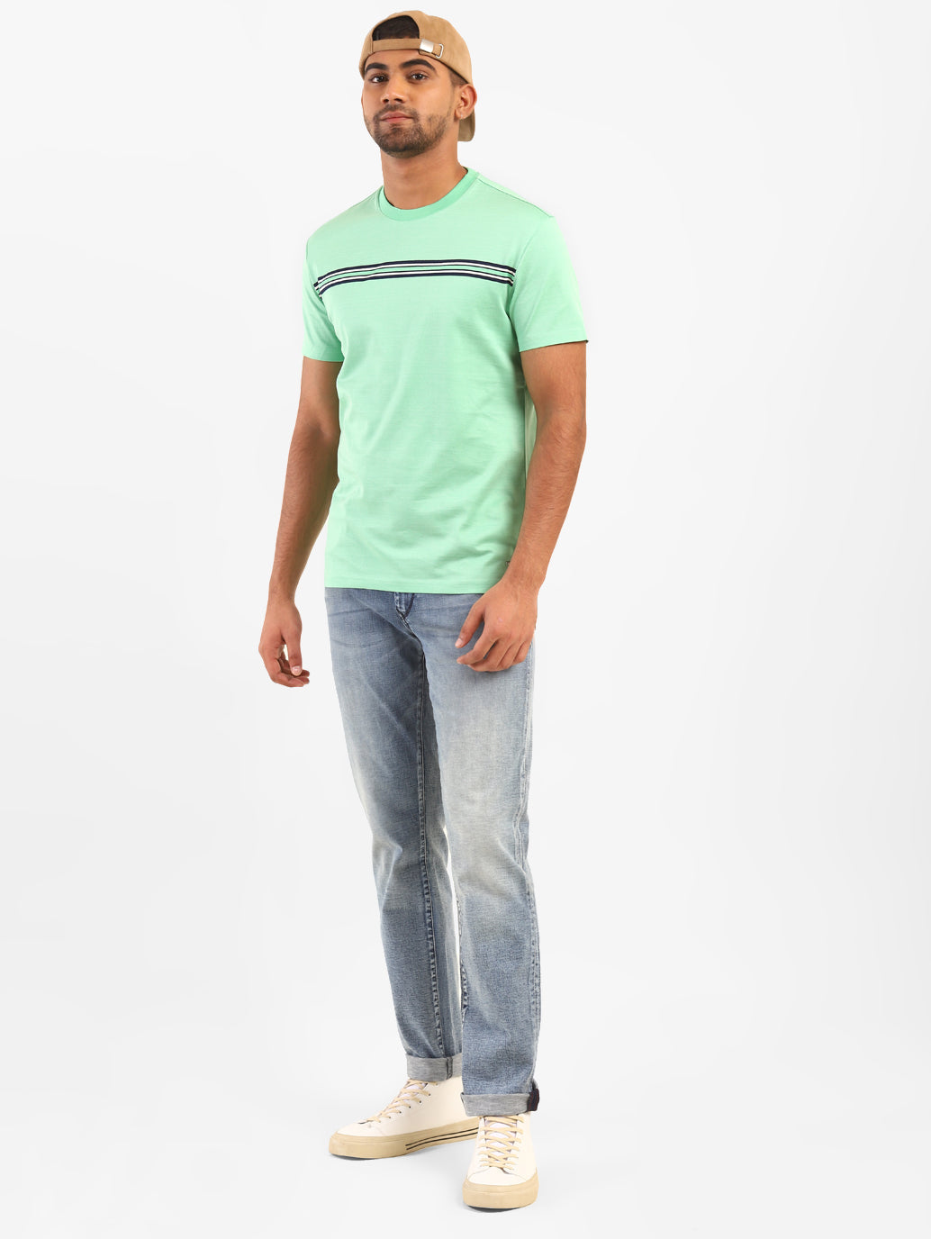 Men's Mint Green Self Design Crew Neck T-shirt