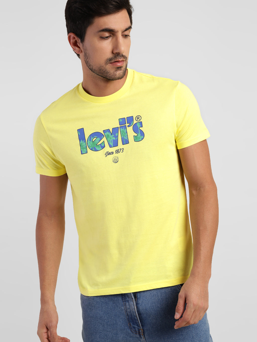 Men's Yellow Brand Logo Printed Crew Neck T-Shirt