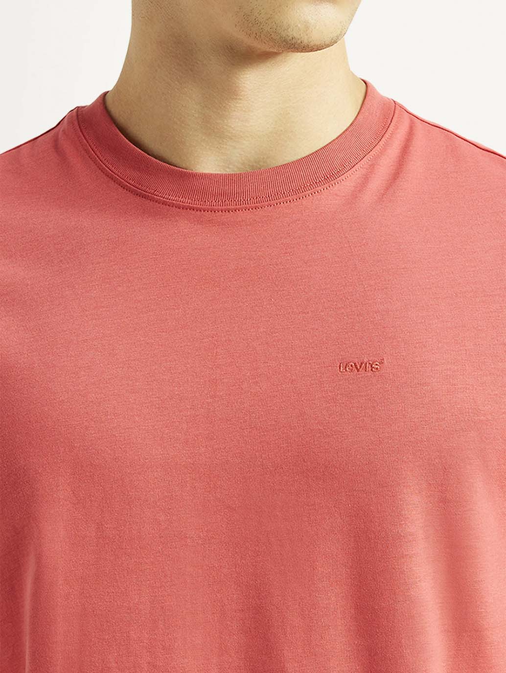 Men's Solid Coral Slim Fit T-shirt - Detail View